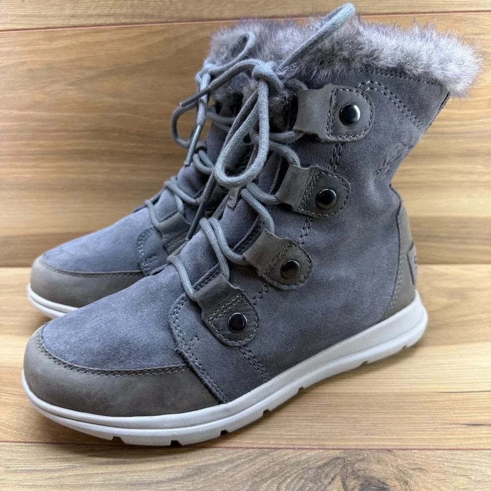 SOREL Explorer Joan Boots Womens 6 Gray Suede Waterproof Faux Fur Gorpcore
